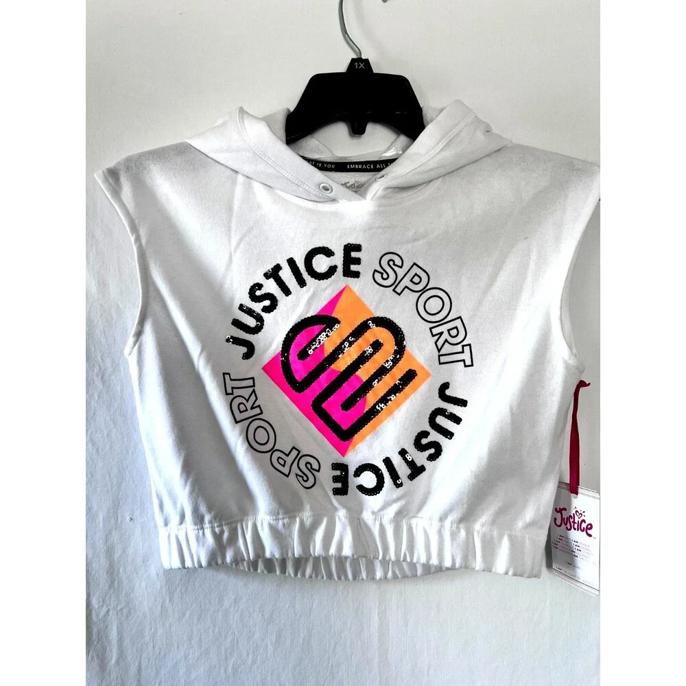 Justice Sport Cropped White Sleeveless Hoodie Girls Size Medium NWT